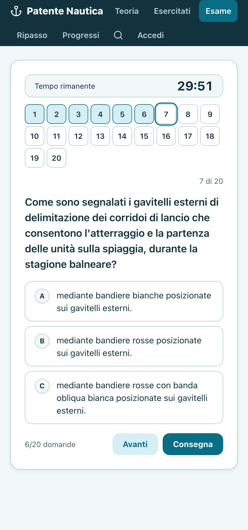 La simulazione d'esame in corso, con il tempo rimanente, la griglia delle venti domande dove le prime sei sono già risposte, e il quesito aperto.