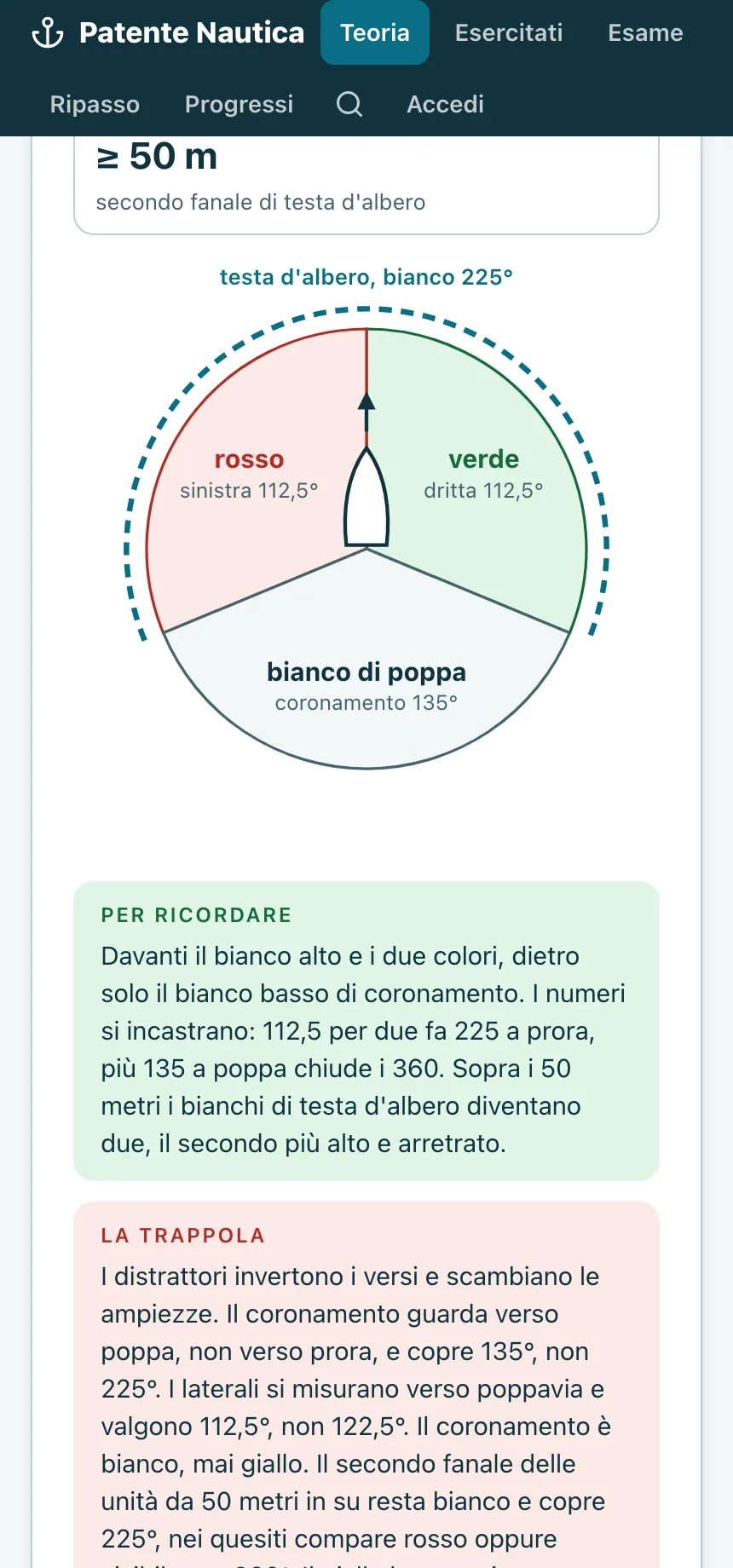 Una scheda di teoria sui fanali dell'unità a motore, con il disegno dei settori di visibilità, il riquadro «per ricordare» e quello sulla trappola dei distrattori.